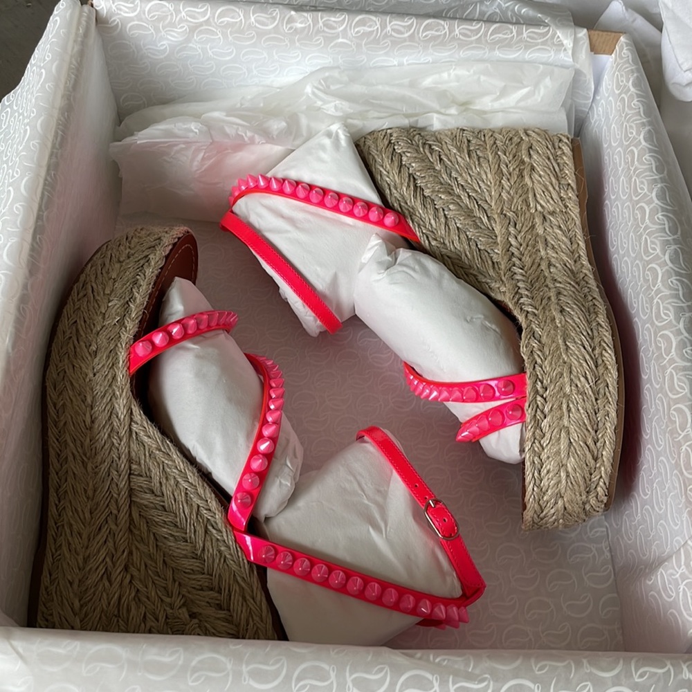 Christian louboutin mafaldina 120mm wedge espadrille pink neon sandal sz 40 - Picture 13 of 14
